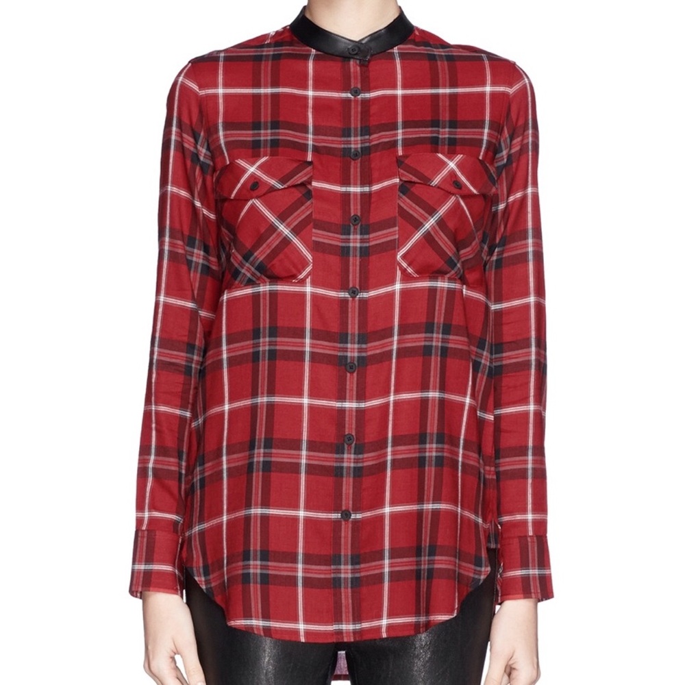Vince Red Plaid Leather Collar Trim Blouse